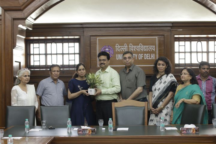 Ayushi Dabas, NCWEB divyang student, of the 2011-14 batch felicitated by the Hon'ble VC Prof. Yogesh Singh for achieving 48th Rank in the prestigious UPSC examinations 2021